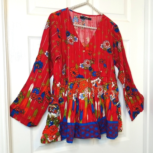 Khaadi Tops - Khaadi Womens Red Blue Green Pleated Flowy Long Sleeve Top Size 14